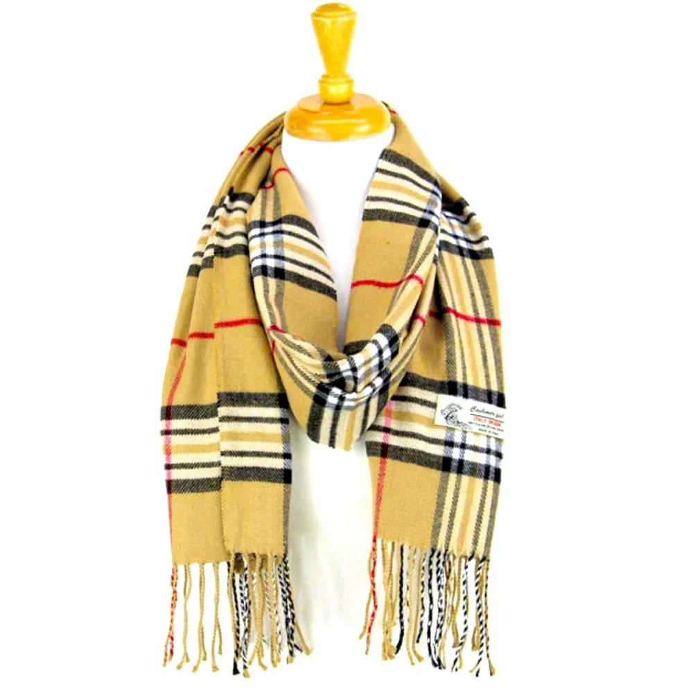 Cashmere feel camel/black Plaid Scarf with 3” fringe. Size 72”by 12”. NWT.